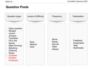 Malloc Inc. YouTestMe | Classroom 2020
Question Pools
Question types Levels of difficulty ExplanationFrequency
• Feedback
• Explanation
• Help
• Multimedia
• Never
• Rarely
• Normal
• Often
• Always
• Easy
• Medium
• Hard
• Open question
• Multiple
correct
answers
• True/false
• Fill in the
blanks
• Math formulas
• Matching
• Ordering
• Essay
 Complex
Problem
Processor
 
