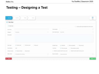 Malloc Inc. YouTestMe | Classroom 2020
Testing – Designing a Test
 