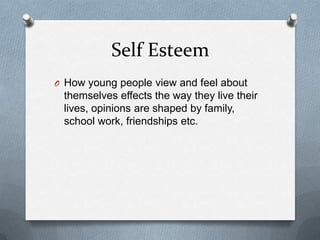Self Esteem
O How young people view and feel about
 themselves effects the way they live their
 lives, opinions are shaped by family,
 school work, friendships etc.
 