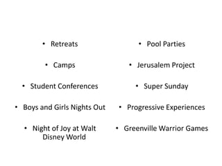 • Retreats

• Pool Parties

• Camps

• Jerusalem Project

• Student Conferences

• Super Sunday

• Boys and Girls Nights Out

• Progressive Experiences

• Night of Joy at Walt
Disney World

• Greenville Warrior Games

 