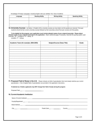 Knowledge of Foreign Languages, including English (rate your abilities: Fair, Good, Excellent):
Language

Reading Ability

Writing Ability

Speaking Ability

     

     

     

     

     

     

     

     

     

     

     

     

16. University Courses

List below, in English all the university courses you have taken and the grades you received. First-year
students should list their current university courses followed by their secondary school final year courses and final grades.

To be eligible for this program, your application must include attested copies of your original transcripts. Please attach
attested copies of your original transcripts to the application. Attach additional pages if necessary. Describe the grading system used
(example: “20” = excellent to “9” = failing, “A”
excellent, “F” = failing)

Academic Years (for example, 2004-2005)

Subject/Course (Class Title)

     
     
     
     
     
     
     
     
     
     
     
     
     
     
     

     
     
     
     
     
     
     
     
     
     
     
     
     
     
     

Grade

     
     
     
     
     
     
     
     
     
     
     
     
     
     
     

17. Proposed Field of Study in the U.S.

Please indicate one field of specialization that most closely matches your current
specialization. A list of eligible fields of specialization are provided in the application instructions.
If selected as a finalist, applicants may NOT change their field of study during the program.
Proposed Field ___     __________________________

18. Current Academic Institution
Name of Current Institution ___     _______________________________________________________________________________
Faculty/Department ___     _____________________________________________________________________________________
Street Address ___     _________________________________________________________________________________________
City ____     ___________________________

Postal Code __     __________

Country ___     ___________________

Page 3 of 8

 