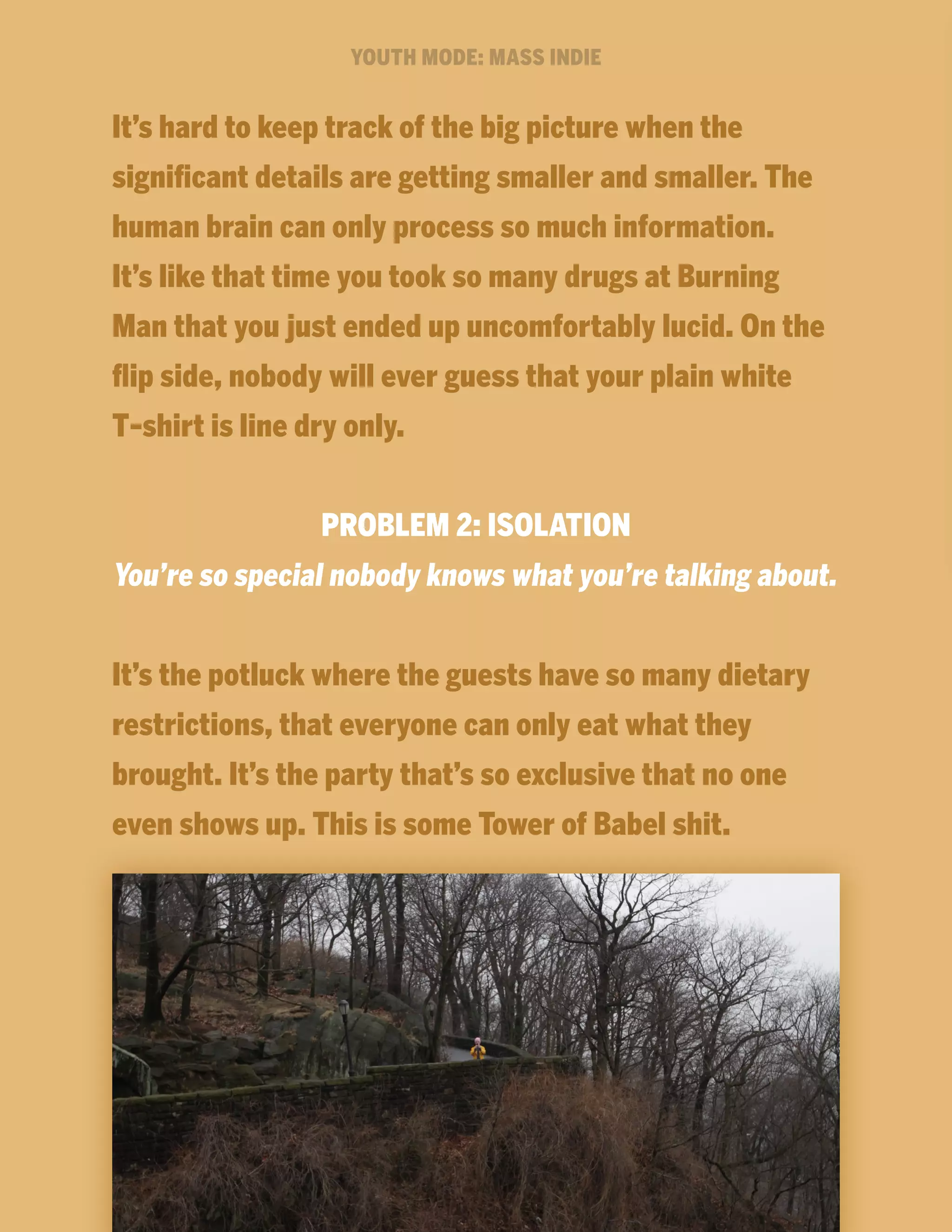 YOUTH MODE: MASS INDIE

It’s hard to keep track of the big picture when the
significant details are getting smaller and smaller. The
human brain can only process so much information.
It’s like that time you took so many drugs at Burning
Man that you just ended up uncomfortably lucid. On the
flip side, nobody will ever guess that your plain white
T-shirt is line dry only.
PROBLEM 2: ISOLATION
You’re so special nobody knows what you’re talking about.
It’s the potluck where the guests have so many dietary
restrictions, that everyone can only eat what they
brought. It’s the party that’s so exclusive that no one
even shows up. This is some Tower of Babel shit.

 