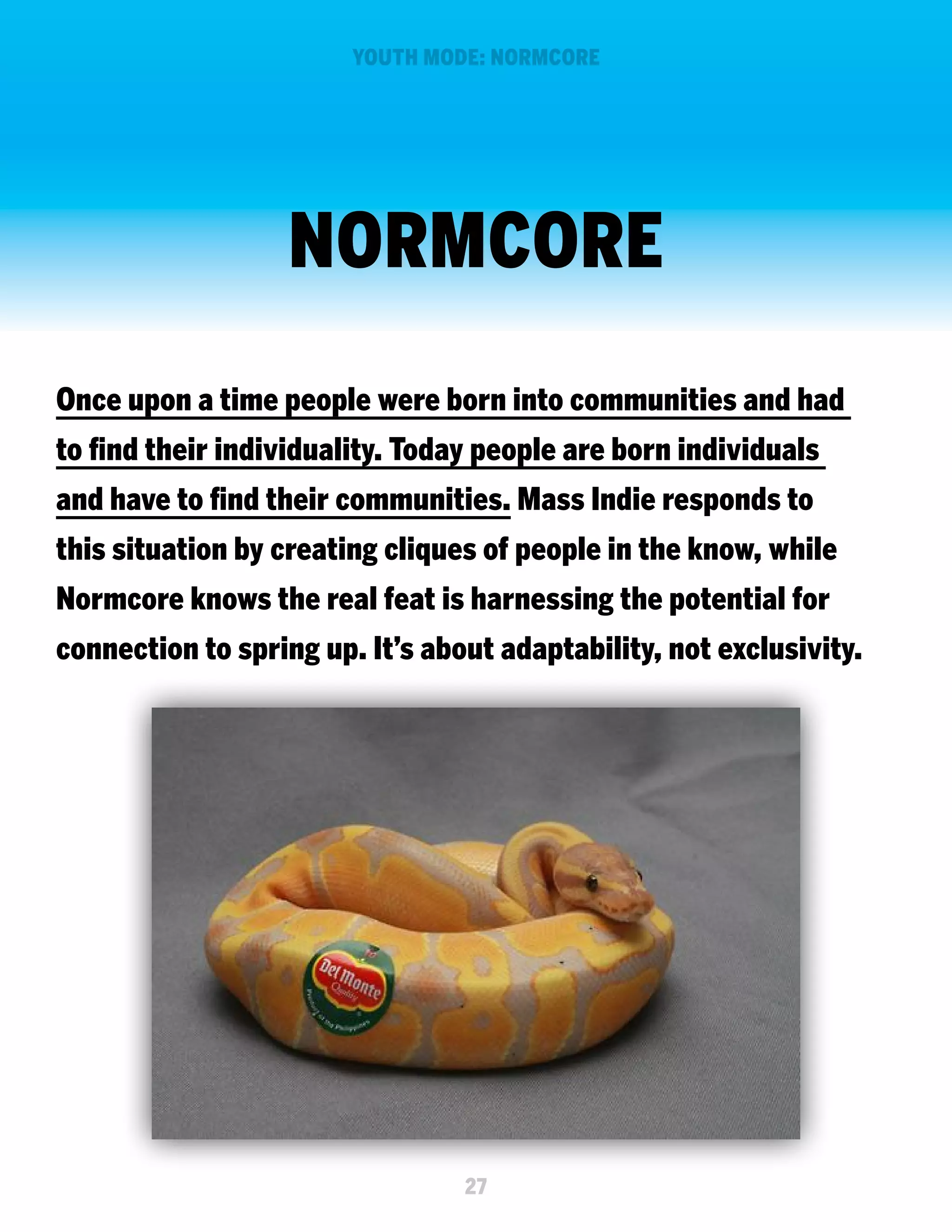 YOUTH MODE: NORMCORE

NORMCORE
Once upon a time people were born into communities and had
to find their individuality. Today people are born individuals
and have to find their communities. Mass Indie responds to
this situation by creating cliques of people in the know, while
Normcore knows the real feat is harnessing the potential for
connection to spring up. It’s about adaptability, not exclusivity.

27

 