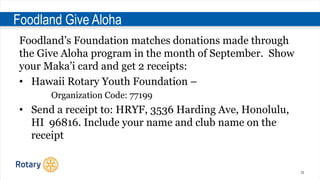39
Foodland Give Aloha
Foodland’s Foundation matches donations made through
the Give Aloha program in the month of September. Show
your Maka’i card and get 2 receipts:
• Hawaii Rotary Youth Foundation –
Organization Code: 77199
• Send a receipt to: HRYF, 3536 Harding Ave, Honolulu,
HI 96816. Include your name and club name on the
receipt
 