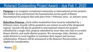 12
Rotaract Outstanding Project Award – due Feb 1, 2020
Purpose is to recognize exceptional community or international service projects
that further focus and increase the humanitarian service goals of Rotary
International for projects that took place from 1 February 2019 - 31 January 2020.
Selection Process - Each online nomination form must be submitted by 1
February 2020. Awards will be granted to one winner in each of the designated
regions. Awards will also be granted to international winners for projects
submitted by a single club, projects submitted by more than one club or an entire
Rotary district, and multi-district projects. We encourage clubs, districts, and
multi-districts to work together to maximize their impact and increase
collaboration. Winners will be announced at the Rotaract Preconvention. are
eligible for consideration.
 