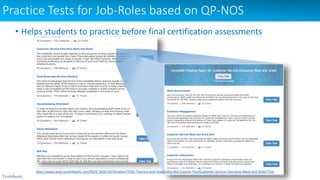 Practice Tests for Job-Roles based on QP-NOS
http://www.prep.youth4work.com/NSDC-Skills-Certification/THSC-Tourism-and-Hospitality-Skill-Council-Test/Customer-Service-Executive-Meet-and-Greet-Test
• Helps students to practice before final certification assessments
 