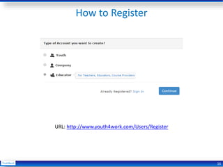 How to Register
16
URL: http://www.youth4work.com/Users/Register
 