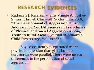 • Katherine J. Karriker – Jaffe, Vangie A. Foshee,
Susan T. Ennet, Chirayath Suchindran; 2008;
“The Development of Aggression During
Adolescence: Sex Differences in Trajectories
of Physical and Social Aggression Among
Youth in Rural Areas”; Journal of Abnormal
Child Psychology, Volume 36 :
Boys consistently perpetrated more
physical aggression than girls, but the
trajectories were parallel. There were no sex
differences in the perpetration of social
aggression.
 