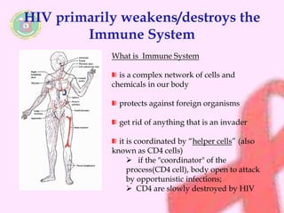 HIV primarily weakens/destroys the 
Immune System 
What is Immune System 
is a complex network of cells and 
chemicals in our body 
protects against foreign organisms 
get rid of anything that is an invader 
it is coordinated by “helper cells” (also 
known as CD4 cells) 
 if the "coordinator" of the 
process(CD4 cell), body open to attack 
by opportunistic infections; 
 CD4 are slowly destroyed by HIV 
 