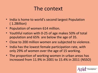 The context 
• India is home to world’s second largest Population 
( 1.2Billion) 
• Population of women 614 million. 
• Yo...