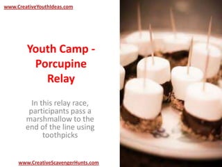 Youth Camp -
Porcupine
Relay
In this relay race,
participants pass a
marshmallow to the
end of the line using
toothpicks
www.CreativeYouthIdeas.com
www.CreativeScavengerHunts.com
 