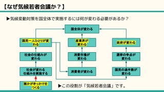 【なぜ気候若者会議か？】
国民一人ひとりが変
わる
産業界が
変わる
政府が変わる
消費市場が
変わる
社会の仕組みが
変わる
国民の過半数が
変わる
消費者が変わる
社会が変わる
仕組みを実施する
国全体が変わる
誰かがきっかけを
つくる
▶気候変動対策を国全体で実施するには何が変わる必要があるか？
▶この役割が「気候若者会議」です。
選挙の争点が
変わる
 