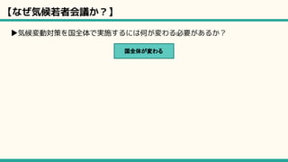 【なぜ気候若者会議か？】
▶気候変動対策を国全体で実施するには何が変わる必要があるか？
国全体が変わる
 