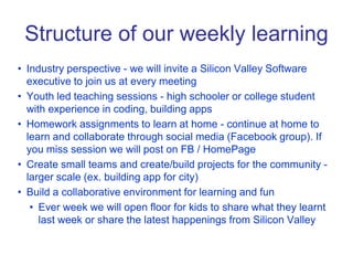 Structure of our weekly learning
• Industry perspective - we will invite a Silicon Valley Software
executive to join us at...