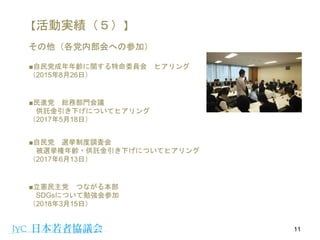 【活動実績（５）】
11
その他（各党内部会への参加）
■自民党成年年齢に関する特命委員会 ヒアリング
（2015年8月26日）
■民進党 総務部門会議
供託金引き下げについてヒアリング
（2017年5月18日）
■自民党 選挙制度調査会
被選挙権年齢・供託金引き下げについてヒアリング
（2017年6月13日）
■立憲民主党 つながる本部
SDGsについて勉強会参加
（2018年3月15日）
 