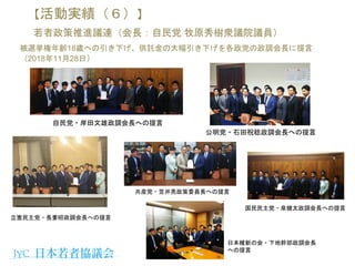 【活動実績（６）】
若者政策推進議連（会長：自民党 牧原秀樹衆議院議員）
被選挙権年齢18歳への引き下げ、供託金の大幅引き下げを各政党の政調会長に提言
（2018年11月28日）
自民党・岸田文雄政調会長への提言
公明党・石田祝稔政調会長への提言
立憲民主党・長妻昭政調会長への提言
国民民主党・泉健太政調会長への提言
共産党・笠井亮政策委員長への提言
日本維新の会・下地幹郎政調会長
への提言
 