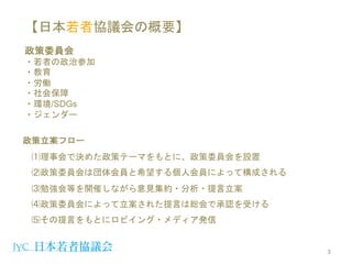 【日本若者協議会の概要】
政策委員会
・若者の政治参加
・教育
・労働
・社会保障
・環境/SDGs
・ジェンダー
3
政策立案フロー
⑴理事会で決めた政策テーマをもとに、政策委員会を設置
⑵政策委員会は団体会員と希望する個人会員によって構成される
⑶勉強会等を開催しながら意見集約・分析・提言立案
⑷政策委員会によって立案された提言は総会で承認を受ける
⑸その提言をもとにロビイング・メディア発信
 