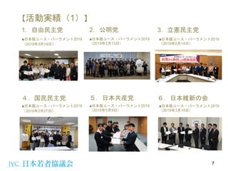 【活動実績（1）】
1．自由民主党
■日本版ユース・パーラメント2019
（2019年3月14日）
2．公明党
■日本版ユース・パーラメント2019
（2019年2月13日）
3．立憲民主党
■日本版ユース・パーラメント2019
（2019年5月14日）
7
４．国民民主党
■日本版ユース・パーラメント2019
（2019年2月27日）
５．日本共産党
■日本版ユース・パーラメント2019
（2019年5月9日）
６．日本維新の会
■日本版ユース・パーラメント2019
（2019年3月18日）
 