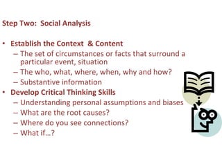 STEP TWO:  SOCIAL ANALYSIS (REFLECTION) Help the experience  to be named! Start with senses … Move to feelings, insights, disturbances, questions that emerge, etc. Include imagination … an important ingredient for reflection Journal … dialogue … prayer 
