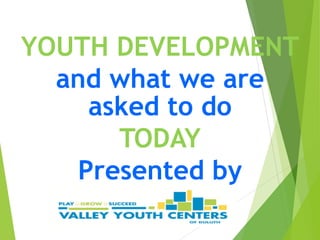 YOUTH DEVELOPMENT
and what we are
asked to do
TODAY
Presented by
 