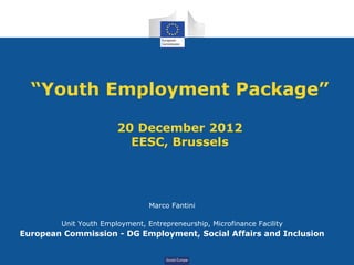 “Youth Employment Package”

                       20 December 2012
                         EESC, Brussels




                                Marco Fantini

        Unit Youth Employment, Entrepreneurship, Microfinance Facility
European Commission - DG Employment, Social Affairs and Inclusion


                                    Social Europe
 
