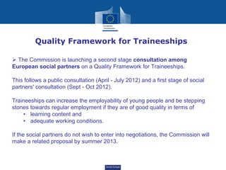 Quality Framework for Traineeships

  The Commission is launching a second stage consultation among
European social partners on a Quality Framework for Traineeships.

This follows a public consultation (April - July 2012) and a first stage of social
partners' consultation (Sept - Oct 2012).

Traineeships can increase the employability of young people and be stepping
stones towards regular employment if they are of good quality in terms of
     • learning content and
     • adequate working conditions.

If the social partners do not wish to enter into negotiations, the Commission will
make a related proposal by summer 2013.



                                       Social Europe
 