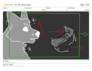 Scene
3
Duration
08:00
Panel
6
Duration
01:00
Dialog
Wolf: "Though the darkness lies before you."
Action Notes
The Wolf looks up towards the Fox, and sends the quiver flying towards it.
You The Starry Eyed Page 17/48
 