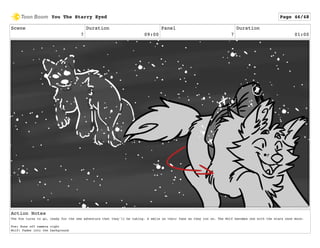 Scene
7
Duration
09:00
Panel
7
Duration
01:00
Action Notes
The Fox turns to go, ready for the new adventure that they'll be taking. A smile on their face as they run on. The Wolf becomes one with the stars once more.
Fox: Runs off camera right
Wolf: Fades into the background
You The Starry Eyed Page 46/48
 