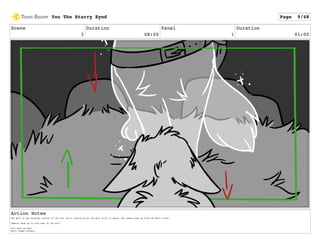 Scene
3
Duration
08:00
Panel
1
Duration
01:00
Action Notes
The Wolf is now standing infront of the Fox, who's looking up at the Wolf still in shock. The camera pans up from the Wolf's feet.
Camera: Pans up to view rest of the wolf.
Fox: Ears go back.
Wolf: Steps forward.
You The Starry Eyed Page 9/48
 
