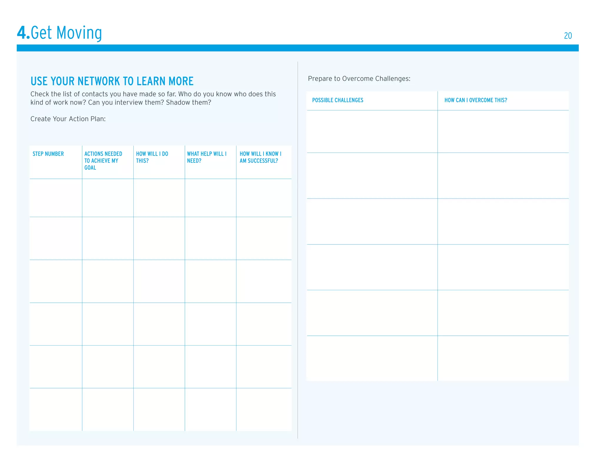 4.Get Moving                                                                                                                                           20




 Use YoUr network to leArn more                                                           Prepare to Overcome challenges:

 check the list of contacts you have made so far. Who do you know who does this
 kind of work now? Can you interview them? Shadow them?                                    possible cHAllenGes              How cAn i overcome tHis?


 create Your Action Plan:




  step nUmber     Actions needed   How will i do   wHAt Help will i   How will i know i
                  to AcHieve mY    tHis?           need?              Am sUccessfUl?
                  GoAl
 