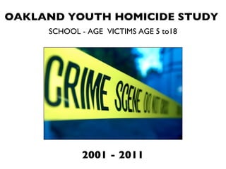 OAKLAND YOUTH HOMICIDE STUDY   SCHOOL - AGE  VICTIMS AGE 5 to18 2001 - 2011 