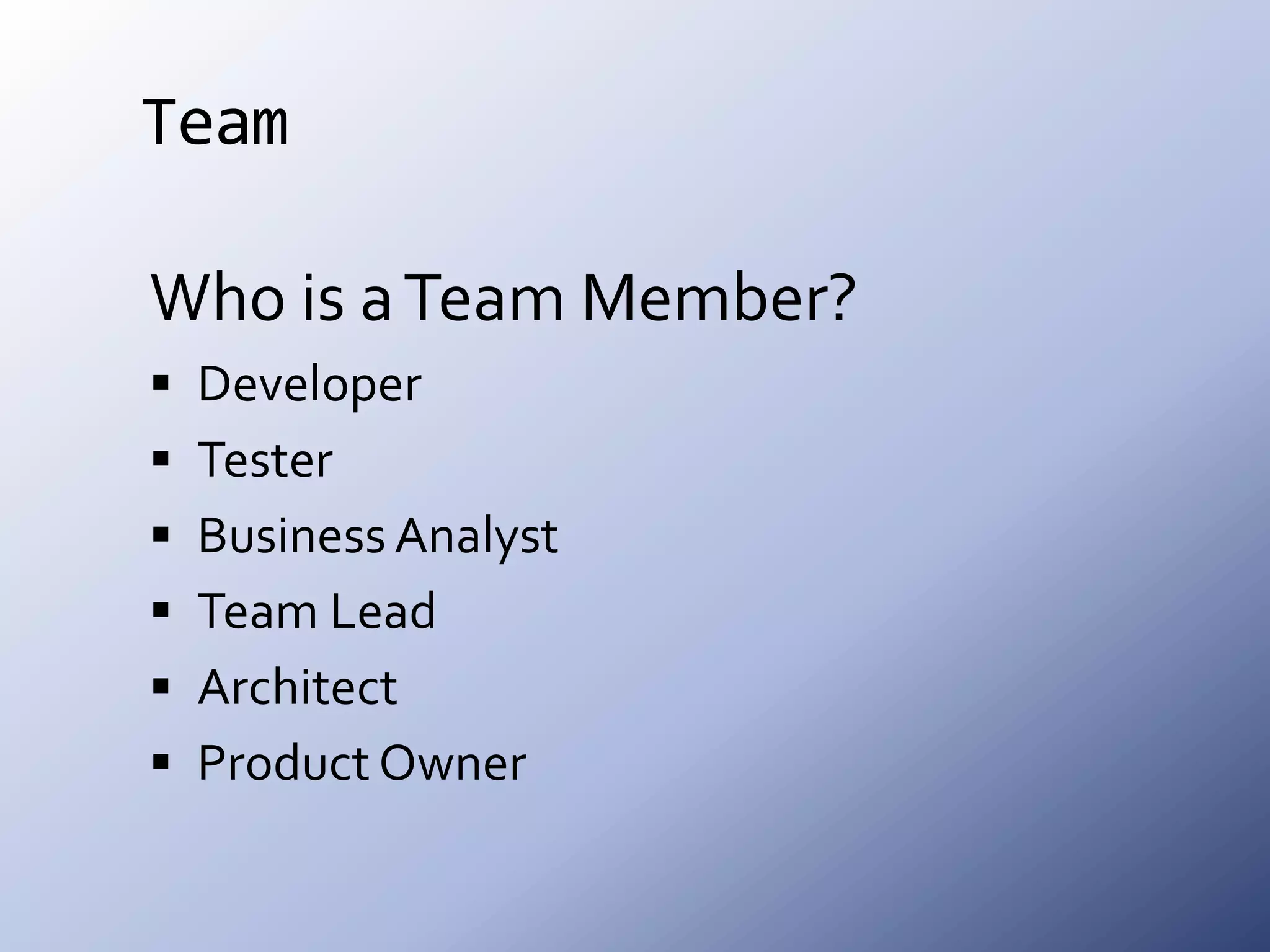 TeamWho is a Team Member?DeveloperTesterBusiness AnalystTeam LeadArchitectProduct Owner