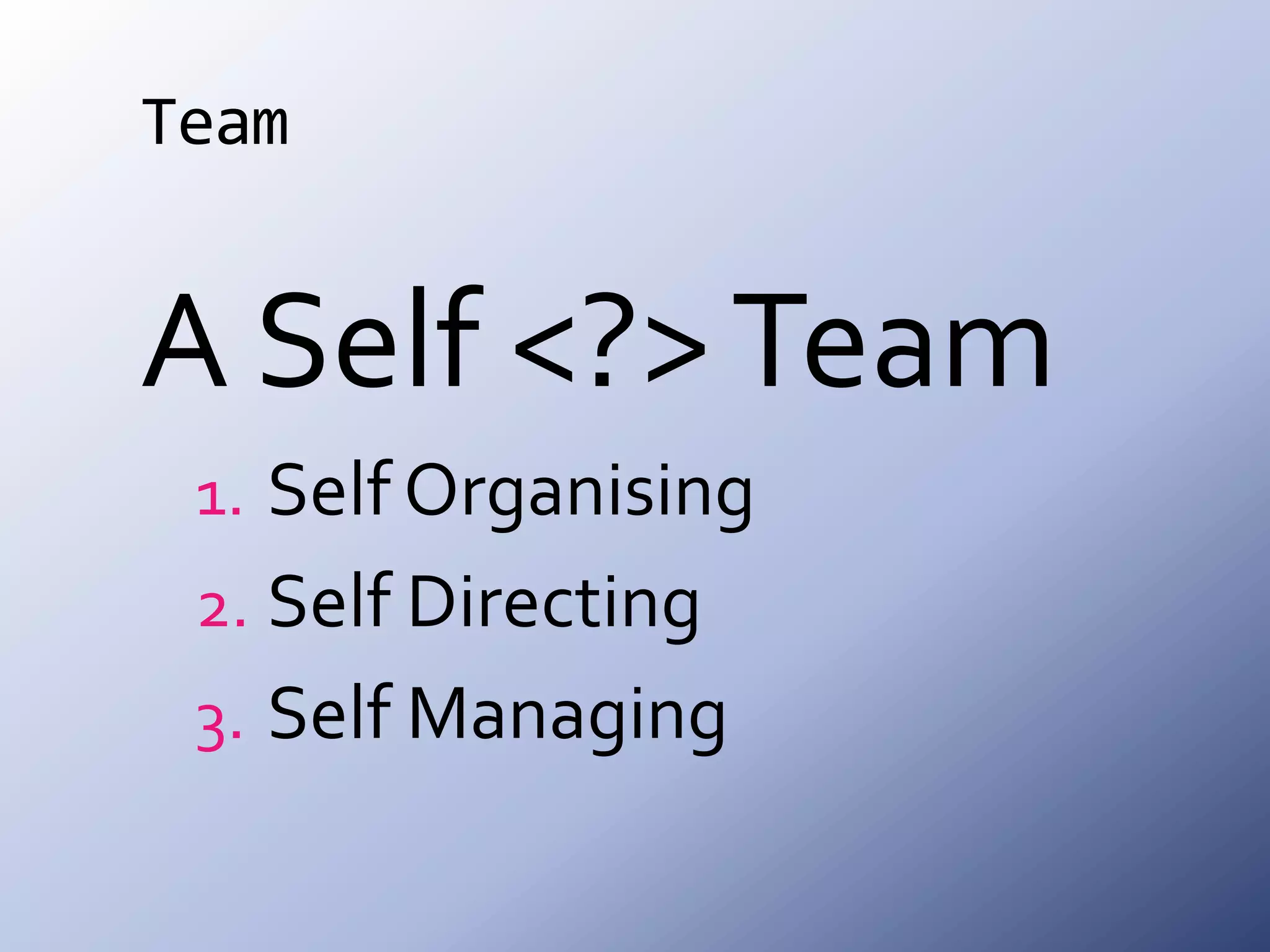 TeamA Self <?> TeamSelf OrganisingSelf DirectingSelf Managing
