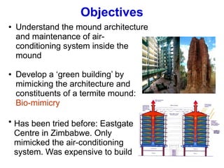 Objectives
● Understand the mound architecture
and maintenance of air-
conditioning system inside the
mound
● Develop a ‘green building’ by
mimicking the architecture and
constituents of a termite mound:
Bio-mimicry
●
Has been tried before: Eastgate
Centre in Zimbabwe. Only
mimicked the air-conditioning
system. Was expensive to build
 