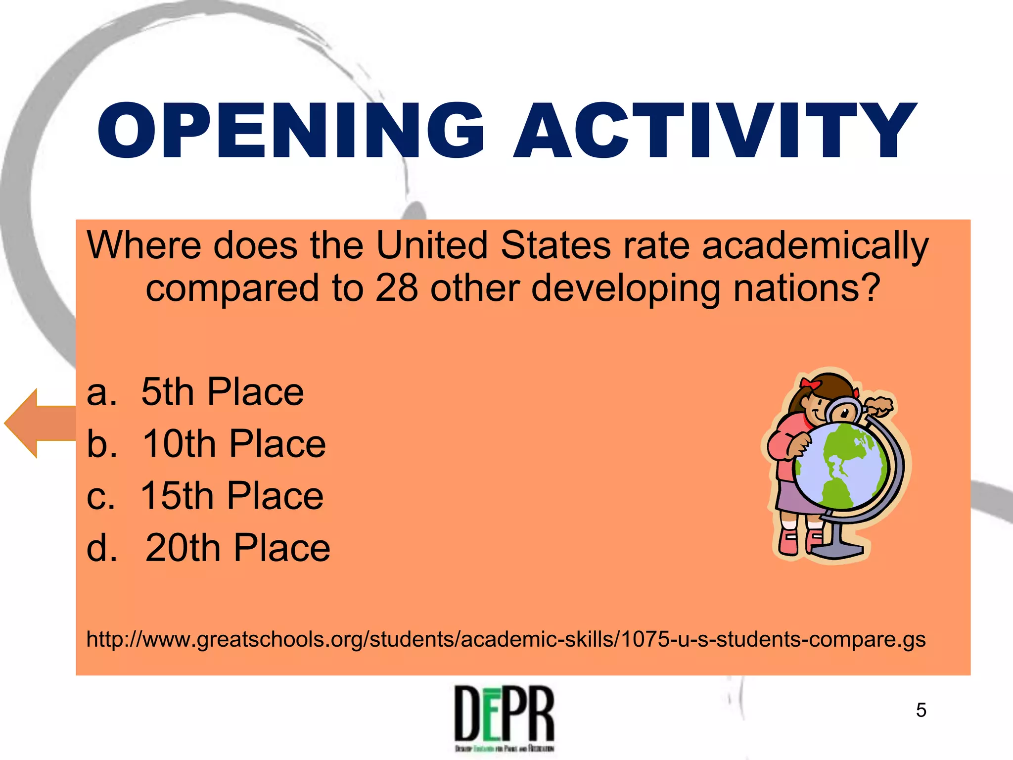 OPENING ACTIVITY
Where does the United States rate academically
  compared to 28 other developing nations?

a.   5th Place
b.   10th Place
c.   15th Place
d.   20th Place

http://www.greatschools.org/students/academic-skills/1075-u-s-students-compare.gs


                                                                               5
 