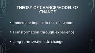 THEORY OF CHANGE/MODEL OF
CHANGE
• Immediate impact in the classroom
• Transformation through experience
• Long term systematic change
 