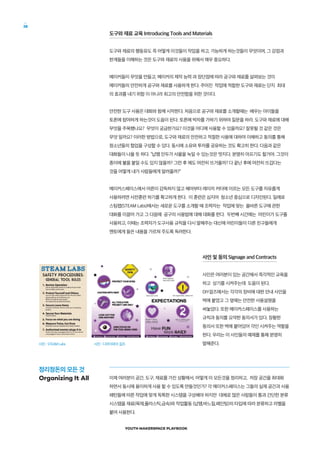 YOUTH MAKERSPACE PLAYBOOK
38
도구와 재료 교육 Introducing Tools and Materials
도구와 재료의 행동유도 즉 어떻게 이것들이 작업을 하고, 가능하게 하는것들이 무엇이며, 그 강점과
한계들을 이해하는 것은 도구와 재료의 사용을 위해서 매우 중요하다.
메이커들이 무엇을 만들고, 메이커의 제작 능력 과 장단점에 따라 공구와 재료를 살펴보는 것이
메이커들의 안전하게 공구와 재료를 사용하게 한다. 주어진 작업에 적합한 도구와 재료는 단지 최대
의 효과를 내기 위함 이 아니라 최고의 안전함을 위한 것이다.
안전한 도구 사용은 대화와 함께 시작한다. 처음으로 공구와 재료를 소개할때는 배우는 아이들을
토론에 참여하게 하는것이 도움이 된다. 토론에 박차를 가하기 위하여 질문을 하라. 도구와 재료에 대해
무엇을 주목했나요? 무엇이 궁금한가요? 이것을 어디에 사용할 수 있을까요? 잘못될 것 같은 것은
무엇 일까요? 이러한 방법으로, 도구와 재료의 안전하고 적절한 사용에 대하여 이해하고 동의를 통해
청소년들의 협업을 구성할 수 있다. 동시에 소유와 투자를 공유하는 것도 확고히 한다. 다음과 같은
대화들이 나올 듯 하다. “납땜 인두가 사물을 녹일 수 있는것은 멋지다. 분명히 아프기도 할거야. 그것이
종이에 불을 붙일 수도 있지 않을까? 그런 후 에도 여전히 뜨거울까? 다 끝난 후에 여전히 뜨겁다는
것을 어떻게 내가 사람들에게 알려줄까?”
메이커스페이스에서 어른이 감독하지 않고 해머부터 레이저 커터에 이르는 모든 도구를 자유롭게
사용하려면 사전훈련 하기를 확고하게 한다. 이 훈련은 심지어 청소년 중심으로 디자인된다. 일례로
스팀랩(STEAM Labs)에서는 새로운 도구를 소개할 때 조력자는 작업에 맞는 올바른 도구에 관한
대화를 이끌어 가고 그 다음에 공구의 사용법에 대해 대화를 한다. 두번째 시간에는 어린이가 도구를
사용하고, 이때는 조력자가 도구사용 규칙을 다시 말해주는 대신에 어린이들이 다른 친구들에게
멘토에게 들은 내용을 가르쳐 주도록 독려한다.
사인 및 동의 Signage and Contracts
사인은 여러분이 있는 공간에서 즉각적인 교육을
하고 상기를 시켜주는데 도움이 된다.
DIY걸즈에서는 각각의 장비에 대한 안내 사인을
벽에 붙였고 그 옆에는 안전한 사용설명을
써놓았다. 또한 메이커스페이스를 사용하는
규칙과 동의를 요약한 동의서가 있다. 장황한
동의서 또한 벽에 붙어있어 각인 시켜주는 역할을
한다. 우리는 이 사인들의 예제를 통해 분명히
말해준다.
이제 여러분이 공간, 도구, 재료를 가진 상황에서, 어떻게 이 모든것을 정리하고, 저장 공간을 최대화
하면서 동시에 용이하게 사용 할 수 있도록 만들것인가? 각 메이커스페이스는 그들의 실제 공간과 사용
패턴들에 따른 작업에 맞게 독특한 시스템을 구성해야 하지만 대체로 많은 사람들이 통과 간단한 분류
시스템을 재료(목재,플라스틱,금속)와 작업활동 (납땜,바느질,페인팅)의 타입에 따라 분류하고 라벨을
붙여 사용한다.
사진 : STEAM Labs 사진 : 디아이와이 걸즈
정리정돈의 모든 것
Organizing It All
 