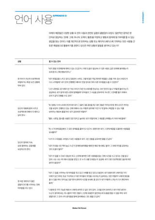Maker Ed Korea
APPENDIXD
언어 사용
APPENDIX D
아래의 예문들은 다양한 상황 속 언어 사용과 관련된 실험의 출발점이 되었다. 일반적인 원칙은 한
단어로 응답하는 것(예: 그래, 아니야, 오케이, 물론)을 지양하고 행동과 참여에 동기부여를 할 수 있는
응답을 찾는 것이다. 이를 개인적으로 반추하는 상황 또는 메이커스페이스에 기여하는 모든 사람들 간
토론 촉발용으로 활용하기를 권한다. 당신은 어떤 상황과 말들을 생각하고 있는가?
상황 할 수 있는 언어
한 아이가 자신의 프로젝트에
좌절하거나 특정 도전 상황에
막혀 있다.
“네가 정말 이것때문에 애먹고 있는 것 같구나. 어떤 도움이 필요하니? 다른 사람도 같은 문제에 봉착했는지
모르겠구나. 확인해보자꾸나.”
“네가 좌절감을 느끼고 있다고 들었어. 나라도 그렇게 많은 작업 후라면 좌절을 느꼈을 거야. 잠시 쉬었다가
다시 시작할래? 네가 먼저 진행했던 배터리 연결 장치로 아마 다른 아이들을 도울 수 있겠지?”
“그건 나한테도 영 이해가 안 가네. 우리가 이런 미스테리를 만났다는 것이 멋지지 않니? 어떻게 돌아가는지
궁금하네. 네가 알게 되면 나한테 말해줄래? 모두들과 그 사실을 공유하게. 아니면 그 문제를 풀기 위해서
모두가 같이 진행할 수도 있어.”
당신이 대화에 참여 시키고
프로젝트에 대해서 더 배우고
싶어 한다.
“와, 엄청난 수의 LED와 전선이네! 네가 그 플러그를 꽂았을 때, 다른 것들은 꺼지는데 몇 개의 LED가 켜지는
것을 보았어. 진행되고 있는 것에 대해서 너는 어떻게 생각해? 이건 이 게 얼마나 복잡할 수 있는 지를
보여주는 예로써 좋을거야. 내가 공유하면 어떨까?”
“펠트, 나뭇잎, 철사를 사용한 것은 멋지고 놀라워. 네가 어떻게 왜 그 재료를 선택했는지 이야기해 줄래?”
당신이 참여와 지속,
상호 협력하는 공동체를
보강하고자 한다.
“와, 너 이것에 몰입해서 그 모든 문제들을 풀어가고 있구나. 원한다면 내가 그 문제 해결을 도울만한 사람들을
보내줄까?”
“너가 이 구조들을 그려냈니? 모든 사람들과 네가 그린 것들을 공유하면 좋을 것 같아.”
“내가 이것을 사진 찍어 놓고 누군가 문제에 봉착했을 때에 한 예로 제시해도 될까? 그 외에 무엇을 공유하는
것이 도움이 될까?”
“네가 이 일을 누구보다 열심히 하고, 난관에 봉착한 다른 사람들을 돕는 것에 시간을 쓰고 있다는 것을 알고
있어. 나는 너는 어디에서 영감을 얻었고, 또 누가 너를 도와왔는지 궁금해. 네가 다른 프로젝트를 도울 때 어떤
생각이 들었어?”
한 어린 제작자가 열린
결말의 연구를 시작하는 것에
어려움을 겪고 있다.
“네가 그 일을 시작하는 데 어려움을 겪고 있고 사례를 찾고 있다고 들었어. 네가 원한다면 나에게 몇 가지
사례가 있긴 한데, 조금 기다려보고 다른 아이들이 무엇을 시도하는지 살펴보는 것은 어떨까? 너에게 영감을
줄 수 있을 꺼야. 먼저 놀고 즐기면서 편하게 시간을 보내봐. 좀 있다가 네가 어떻게 느끼는지 다시 확인하러
올게.”
“나중에 한 가지 가능한 예로서 너에게 보여주고 싶은 것이 있어. 그것을 먼저 보여주고 네가 어떤 생각이
드는지 생각해 보는 게 나을까? 어떤 것들이 그것에 유용한지 발견하는데 도움을 받을 수 있을 꺼야. 네가
괜찮다면 그 것과 너의 생각들을 함께 정리해보는 것도 좋을 것 같아.”
 