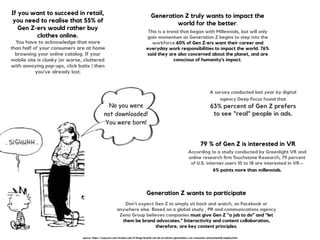 Generation Z truly wants to impact the
world for the better.
This is a trend that began with Millennials, but will only
gain momentum as Generation Z begins to step into the
workforce.60% of Gen Z-ers want their career and
everyday work responsibilities to impact the world. 76%
said they are also concerned about the planet, and are
conscious of humanity's impact.
If you want to succeed in retail,
you need to realise that 55% of
Gen Z-ers would rather buy
clothes online.
You have to acknowledge that more
than half of your consumers are at home
browsing your online catalog. If your
mobile site is clunky (or worse, cluttered
with annoying pop-ups, click baits ) then
you've already lost.
No you were  
not downloaded!
You were born!
A survey conducted last year by digital
agency Deep Focus found that  
63% percent of Gen Z prefers
to see “real” people in ads.
79 % of Gen Z is interested in VR
According to a study conducted by Greenlight VR and
online research ﬁrm Touchstone Research, 79 percent
of U.S. internet users 10 to 18 are interested in VR—
6% points more than millennials.
Generation Z wants to participate
Don’t expect Gen Z to simply sit back and watch, on Facebook or
anywhere else. Based on a global study , PR and communications agency
Zeno Group believes companies must give Gen Z “a job to do” and “let
them be brand advocates.” Interactivity and content collaboration,
therefore, are key content principles.
source: https://www.inc.com/nicolas-cole/5-things-brands-can-do-to-attract-generation-z-as-consumers-and-potential-employ.html
 