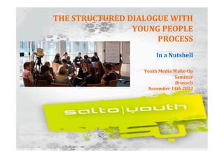  
                                            	
  
       THE	
  STRUCTURED	
  DIALOGUE	
  WITH	
  
                             YOUNG	
  PEOPLE	
  	
  
                                  PROCESS	
  
                                                               	
  
                                             In	
  a	
  Nutshell	
  
                                                               	
  
                                   	
  Youth	
  Media	
  Wake-­‐Up	
  	
  
                                                   Seminar	
  
                     	
  
                                                   Brussels	
  	
  
                     	
               November	
  14th	
  2012	
  
                     	
  
                     	
  
                     	
  
                     	
  
                     	
  
                     	
  
	
  
 