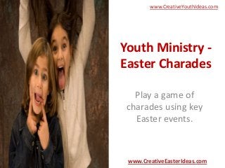 Youth Ministry -
Easter Charades
Play a game of
charades using key
Easter events.
www.CreativeEasterIdeas.com
www.CreativeYouthIdeas.com
 