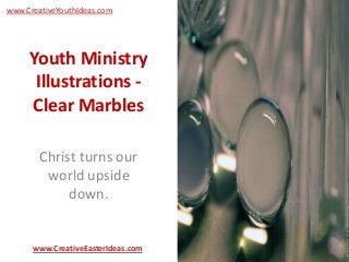 Youth Ministry
Illustrations -
Clear Marbles
Christ turns our
world upside
down.
www.CreativeEasterIdeas.com
www.CreativeYouthIdeas.com
 