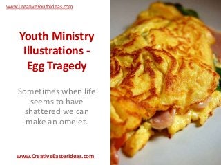 Youth Ministry
Illustrations -
Egg Tragedy
Sometimes when life
seems to have
shattered we can
make an omelet.
www.CreativeEasterIdeas.com
www.CreativeYouthIdeas.com
 