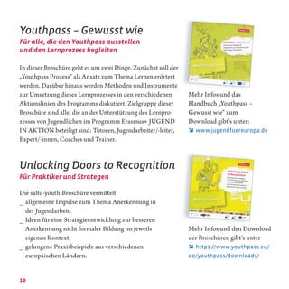 10
In dieser Broschüre geht es um zwei Dinge. Zunächst soll der
„Youthpass Prozess“ als Ansatz zum Thema Lernen erörtert
werden. Darüber hinaus werden Methoden und Instrumente
zur Umsetzung dieses Lernprozesses in den verschiedenen
Aktionslinien des Programms diskutiert. Zielgruppe dieser
Broschüre sind alle, die an der Unterstützung des Lernpro-
zesses von Jugendlichen im Programm Erasmus+ JUGEND
IN AKTION beteiligt sind: Tutoren, Jugendarbeiter/-leiter,
Expert/-innen, Coaches und Trainer.
Youthpass – Gewusst wie
Für alle, die den Youthpass ausstellen
und den Lernprozess begleiten
Unlocking Doors to Recognition
Für Praktiker und Strategen
Die salto-youth-Broschüre vermittelt
_ allgemeine Impulse zum Thema Anerkennung in
der Jugendarbeit,
_ Ideen für eine Strategieentwicklung zur besseren
Anerkennung nicht formaler Bildung im jeweils
eigenen Kontext,
_ gelungene Praxisbeispiele aus verschiedenen
europäischen Ländern.
Unlocking Doors
to Recognition
Setting up strategies
for the better recognition
of youth work and
non-formal education/
learning in your context
SALTO-YOUTH
RESOURCE
CENTRE
TRAINING AND COOPERATION
Education and Culture
SALTO-YOUTH
RESOURCE
CENTRE
TRAINING AND COOPERATION
Education and Culture
SALTO-YOUTH
RESOURCE
CENTRE
TRAINING AND COOPERATION
Education and Culture
SALTO-YOUTH
RESOURCE
CENTRE
S O U T H E A S T E U R O P E
Education and Culture
SALTO-YOUTHRESOURCE
CENTRES
Education and Culture
SALTO-YOUTH
RESOURCE
CENTRE
E U R O M E D
Education and Culture
SALTO-YOUTH
RESOURCE
CENTRE
S O U T H E A S T E U R O P E
Education and Culture
SALTO-YOUTH
RESOURCE
CENTRE
EASTERN EUROPE AND CAUCASUS
Education and Culture
SALTO-YOUTH
RESOURCE
CENTRE
C U L T U R A L D I V E R S I T Y
Education and Culture
SALTO-YOUTH
RESOURCE
CENTRE
Education and Culture
I N F O R M A T I O N
SALTO-YOUTH
RESOURCE
CENTRE
Y O U T H I N I T I A T I V E S
Education and Culture
SALTO-YOUTH
RESOURCE
CENTRE
TRAINING AND COOPERATION
Education and Culture
SALTO-YOUTH
RESOURCE
CENTRE
I N C L U S I O N
Education and Culture
P A R T I C I P A T I O N
SALTO-YOUTH
RESOURCE
CENTRE
Education and Culture
SALTO-YOUTH
RESOURCE
CENTRE
TRAINING AND COOPERATION
Education and Culture
SALTO-YOUTH
RESOURCE
CENTRE
TRAINING AND COOPERATION
Education and Culture
SALTO-YOUTH
RESOURCE
CENTRE
TRAINING AND COOPERATION
Education and Culture
Kostenloser Download dieser Publikation auf
http://www.jugendfuereuropa.de/informationsangebote/publikationen/ und
https://www.youthpass.eu/en/youthpass/downloads/youthpass-unfolded/
Mehr Infos und das
Handbuch „Youthpass –
Gewusst wie“ zum
Download gibt's unter:
 www.jugendfuereuropa.de
Mehr Infos und den Download
der Broschüren gibt's unter
 https://www.youthpass.eu/
de/youthpass/downloads/
 