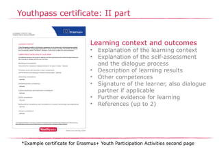 Youthpass certificate: II part
Learning context and outcomes
• Explanation of the learning context
• Explanation of the self-assessment
and the dialogue process
• Description of learning results
• Other competences
• Signature of the learner, also dialogue
partner if applicable
• Further evidence for learning
• References (up to 2)
*Example certificate for Erasmus+ Youth Participation Activities second page
 