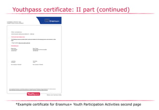 Youthpass certificate: II part (continued)
*Example certificate for Erasmus+ Youth Participation Activities second page
 