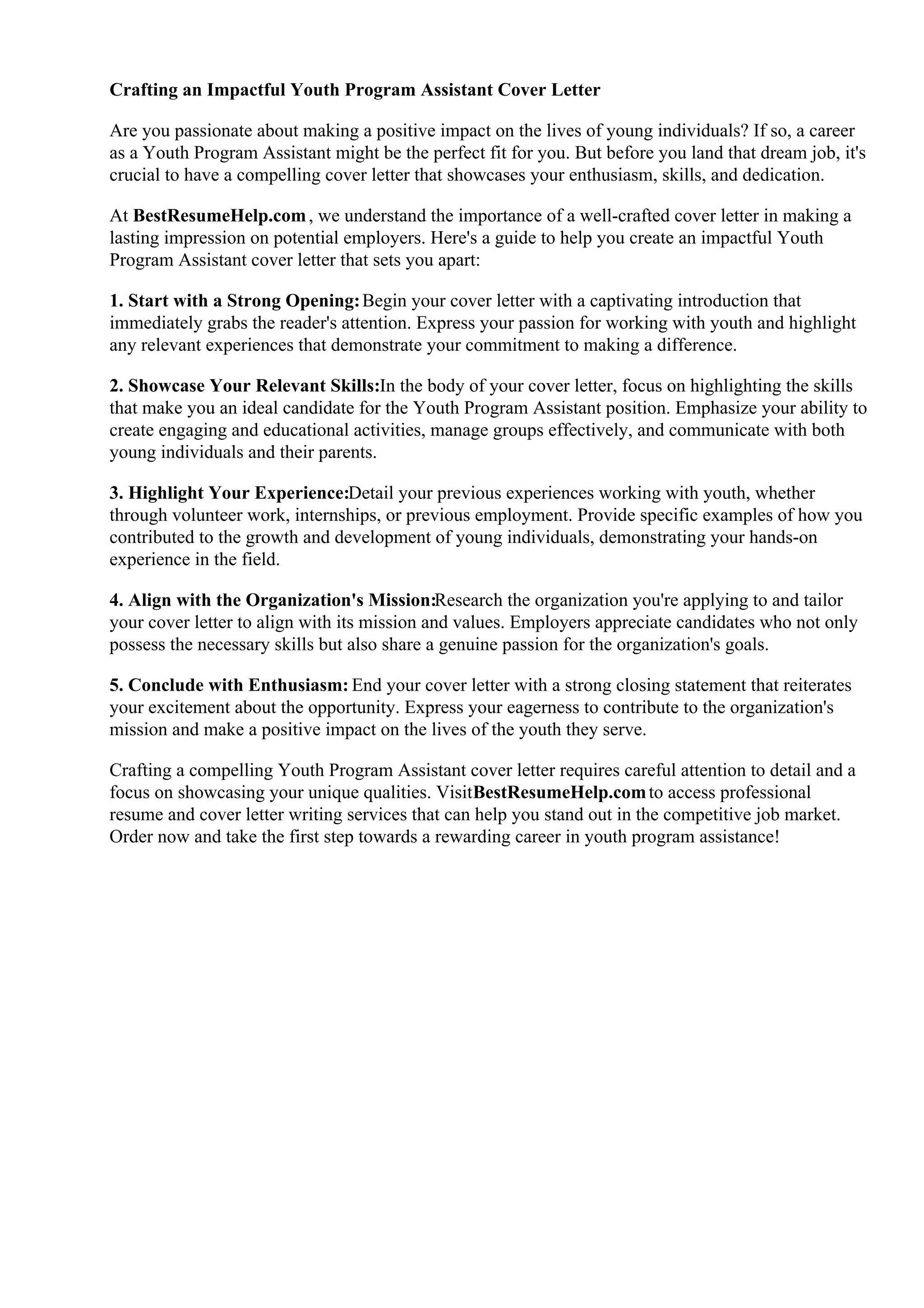 Youth Program Assistant Cover Letter | PDF