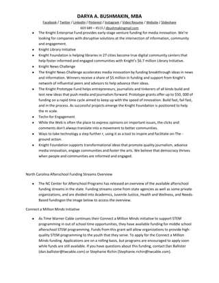 DARYA A. BUSHMAKIN, MBA
          Facebook / Twitter / LinkedIn / Pinterest / Instagram / Video Resume / Website / Slideshare
                                     603 689 – 4513 / dbushmakingmail.com
        The Knight Enterprise Fund provides early-stage venture funding for media innovation. We’re
        looking for companies with disruptive solutions at the intersection of information, community
        and engagement.
        Knight Library Initiative
        Knight Foundation is helping libraries in 27 cities become true digital community centers that
        help foster informed and engaged communities with Knight’s $6.7 million Library Initiative.
        Knight News Challenge
        The Knight News Challenge accelerates media innovation by funding breakthrough ideas in news
        and information. Winners receive a share of $5 million in funding and support from Knight’s
        network of influential peers and advisors to help advance their ideas.
        The Knight Prototype Fund helps entrepreneurs, journalists and tinkerers of all kinds build and
        test new ideas that push media and journalism forward. Prototype grants offer up to $50, 000 of
        funding on a rapid time cycle aimed to keep up with the speed of innovation. Build fast, fail fast,
        and in the process. As successful projects emerge the Knight Foundation is positioned to help
        the m scale.
        Techn for Engagement
        While the Web is often the place to express opinions on important issues, the clicks and
        comments don't always translate into a movement to better communities.
        Ways to take technology a step further r, using it as a tool to inspire and facilitate on-The -
        ground action.
        Knight Foundation supports transformational ideas that promote quality journalism, advance
        media innovation, engage communities and foster the arts. We believe that democracy thrives
        when people and communities are informed and engaged.



North Carolina Afterschool Funding Streams Overview

        The NC Center for Afterschool Programs has released an overview of the available afterschool
        funding streams in the state. Funding streams come from state agencies as well as some private
        organizations, and are divided into Academics, Juvenile Justice, Health and Wellness, and Needs-
        Based fundingon the image below to access the overview.

Connect a Million Minds Initiative

        As Time Warner Cable continues their Connect a Million Minds initiative to support STEM
        programming in out of school time opportunities, they have available funding for middle school
        afterschool STEM programming. Funds from this grant will allow organizations to provide high-
        quality STEM programming to the youth that they serve. To apply for the Connect a Million
        Minds funding. Applications are on a rolling basis, but programs are encouraged to apply soon
        while funds are still available. If you have questions about this funding, contact Dan Ballister
        (dan.ballister@twcable.com) or Stephanie Richin (Stephanie.richin@twcable.com).
 
