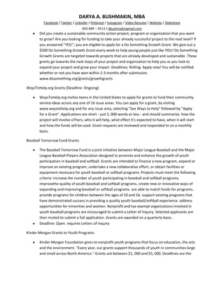 DARYA A. BUSHMAKIN, MBA
         Facebook / Twitter / LinkedIn / Pinterest / Instagram / Video Resume / Website / Slideshare
                                  603 689 – 4513 / dbushmakingmail.com
       Did you create a sustainable community action project, program or organization that you want
       to grow? Are you looking for funding to take your already successful project to the next level? If
       you answered "YES!", you are eligible to apply for a Do Something Growth Grant. We give out a
       $500 Do Something Growth Grant every week to help young people just like YOU! Do Something
       Growth Grants are targeted towards projects that are already developed and sustainable. These
       grants go towards the next steps of your project and organization to help you as you look to
       expand your project and grow your impact. Deadlines: Rolling- Apply now! You will be notified
       whether or not you have won within 2-3 months after submission.
       www.dosomething.org/grants/growthgrants

WaysToHelp.org Grants (Deadline: Ongoing)

       WaysToHelp.org invites teens in the United States to apply for grants to fund their community
       service ideas across any one of 16 issue areas. You can apply for a grant, by visiting
       www.waystohelp.org and for any issue area, selecting "See Ways to Help" followed by "Apply
       for a Grant". Applications are short - just 5, 000 words or less - and should summarize: how the
       project will involve oThers, who it will help, what effect it's expected to have, when it will start
       and how the funds will be used. Grant requests are reviewed and responded to on a monthly
       basis.

Baseball Tomorrow Fund Grants

       The Baseball Tomorrow Fund is a joint initiative between Major League Baseball and the Major
       League Baseball Players Association designed to promote and enhance the growth of youth
       participation in baseball and softball. Grants are intended to finance a new program, expand or
       improve an existing program, undertake a new collaborative effort, or obtain facilities or
       equipment necessary for youth baseball or softball programs. Projects must meet the following
       criteria: increase the number of youth participating in baseball and softball programs.
       improvethe quality of youth baseball and softball programs. create new or innovative ways of
       expanding and improving baseball or softball programs. are able to match funds for programs.
       provide programs for children between the ages of 10 and 16. support existing programs that
       have demonstrated success in providing a quality youth baseball/softball experience. address
       opportunities for minorities and women. Nonprofit and tax-exempt organizations involved in
       youth baseball programs are encouraged to submit a Letter of Inquiry. Selected applicants are
       then invited to submit a full application. Grants are awarded on a quarterly basis.
       Deadline: Open. requires Letters of Inquiry

Kinder Morgan Grants to Youth Programs

       Kinder Morgan Foundation gives to nonprofit youth programs that focus on education, the arts
       and the environment. "Every year, our grants support thousands of youth in communities large
       and small across North America." Grants are between $1, 000 and $5, 000. Deadlines are the
 