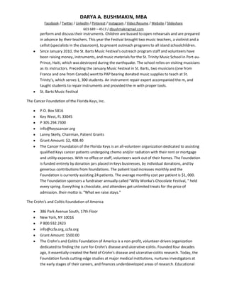 DARYA A. BUSHMAKIN, MBA
          Facebook / Twitter / LinkedIn / Pinterest / Instagram / Video Resume / Website / Slideshare
                                   603 689 – 4513 / dbushmakingmail.com
        perform and discuss their instruments. Children are bussed to open rehearsals and are prepared
        in advance by their teachers. This year the Festival brought two music teachers, a violinist and a
        cellist (specialists in the classroom), to present outreach programs to all island schoolchildren.
        Since January 2010, the St. Barts Music Festival's outreach program staff and volunteers have
        been raising money, instruments, and music materials for the St. Trinity Music School in Port-au-
        Prince, Haiti, which was destroyed during the earthquake. The school relies on visiting musicians
        as its instructors. Preceding the January Music Festival in St. Barts, two musicians (one from
        France and one from Canada) went to PAP bearing donated music supplies to teach at St.
        Trinity's, which serves 1, 300 students. An instrument repair expert accompanied the m, and
        taught students to repair instruments and provided the m with proper tools.
        St. Barts Music Festival

The Cancer Foundation of the Florida Keys, Inc.

        P.O. Box 5816
        Key West, FL 33045
        P 305.294.7300
        info@keyscancer.org
        Lanny Skelly, Chairman, Patient Grants
        Grant Amount: $2, 408.40
        The Cancer Foundation of the Florida Keys is an all-volunteer organization dedicated to assisting
        qualified Keys cancer patients undergoing chemo and/or radiation with their rent or mortgage
        and utility expenses. With no office or staff, volunteers work out of their homes. The Foundation
        is funded entirely by donation jars placed in Keys businesses, by individual donations, and by
        generous contributions from foundations. The patient load increases monthly and the
        Foundation is currently assisting 24 patients. The average monthly cost per patient is $1, 000.
        The Foundation sponsors a fundraiser annually called "Willy Wonka's Chocolate Festival, " held
        every spring. Everything is chocolate, and attendees get unlimited treats for the price of
        admission. their motto is: "What we raise stays."

The Crohn's and Colitis Foundation of America

        386 Park Avenue South, 17th Floor
        New York, NY 10016
        P 800.932.2423
        info@ccfa.org, ccfa.org
        Grant Amount: $500.00
        The Crohn's and Colitis Foundation of America is a non-profit, volunteer-driven organization
        dedicated to finding the cure for Crohn's disease and ulcerative colitis. Founded four decades
        ago, it essentially created the field of Crohn's disease and ulcerative colitis research. Today, the
        Foundation funds cutting-edge studies at major medical institutions, nurtures investigators at
        the early stages of their careers, and finances underdeveloped areas of research. Educational
 